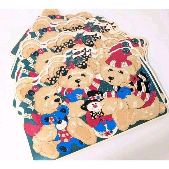 Vtg. Set of 8  B & C Vinyl Placemats Christmas Themed Bears - Picture 1 of 16